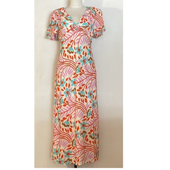 NEW RHODE FLUTTER SHORT SLEEVE LONG DRESS IN LAGO VINE PRINT SIZE 4 - Picture 1 of 6